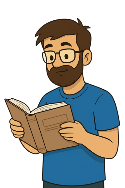 Ilustração de Diego Pinho (desenho) segurando um livro